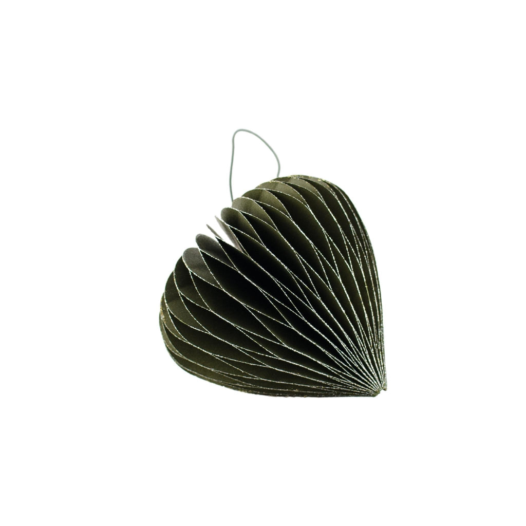 Olive Green Paper Heart w Silver Glitter Ornament -  8.5cm