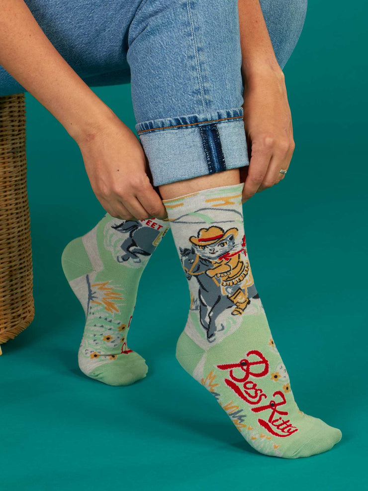 Womens Crew Socks - Bossy Kitty