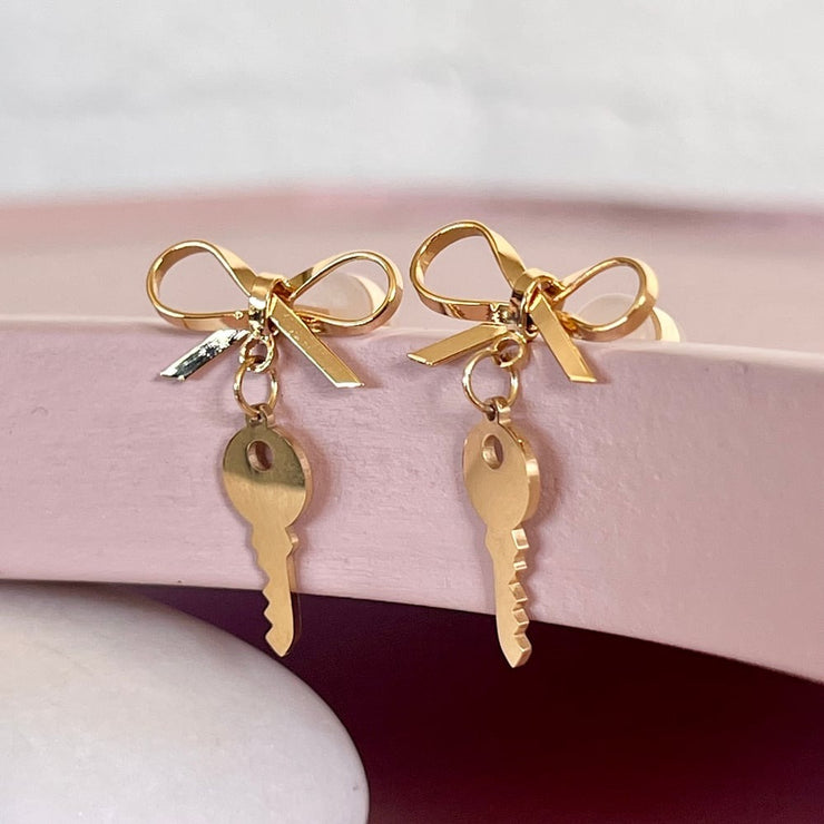 Gold Bow & Key Studs