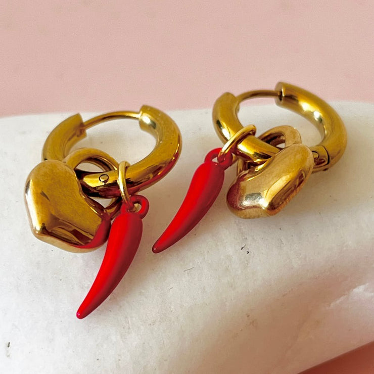 Heart Lock & Chilli Gold Hoop Earrings