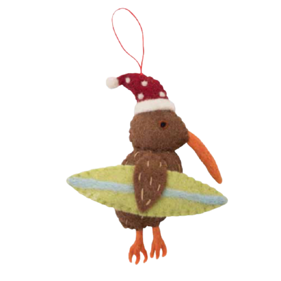 Xmas 26 Felt Decoration - Kiwi W Surfboard Green