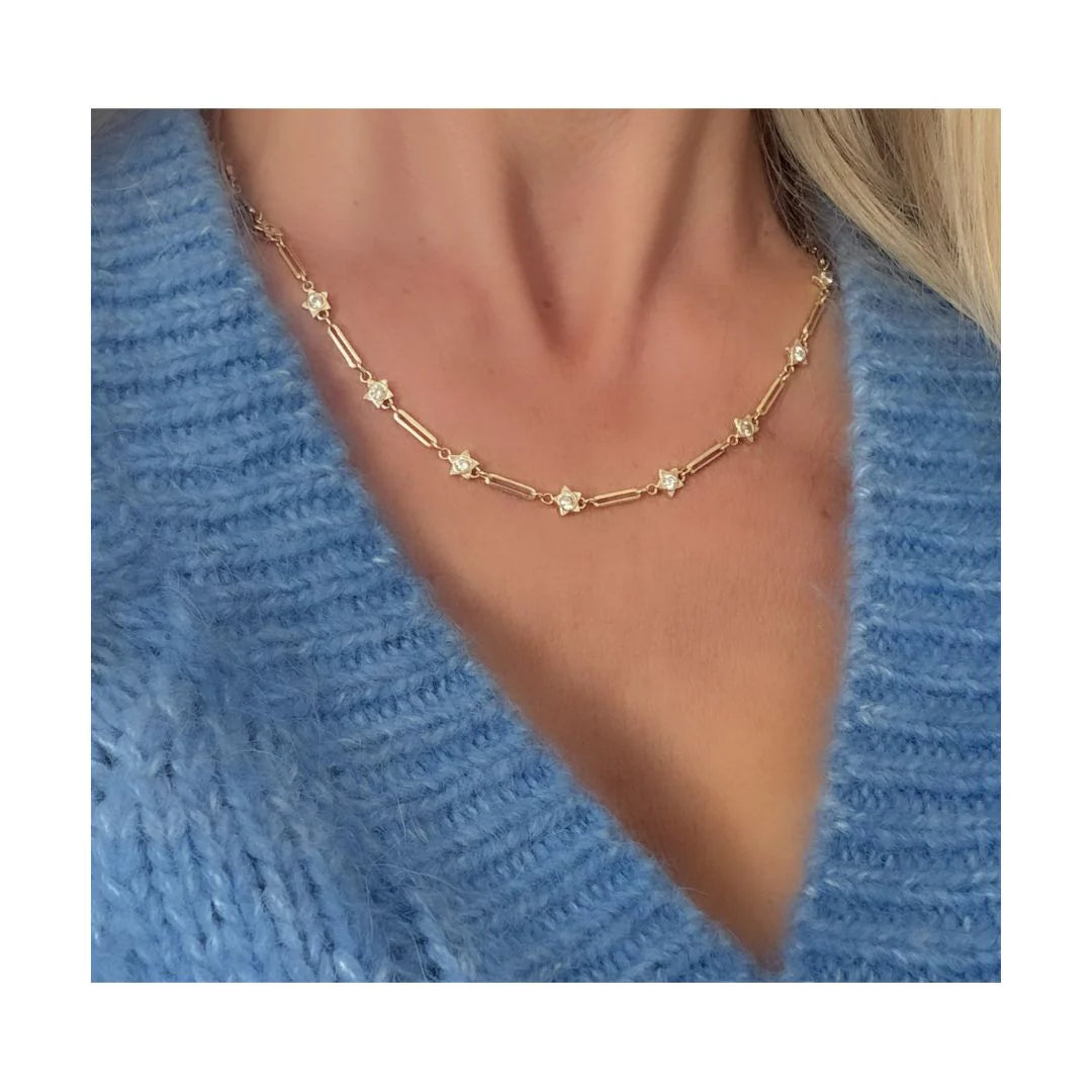 Paperclip & Embellished Star Necklace - Gold