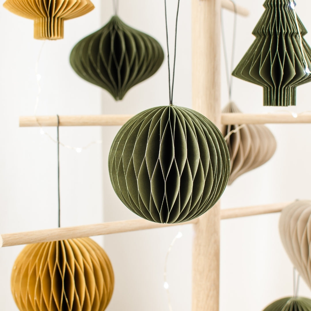 Olive Green Paper Sphere w Silver Ornament 8.5cm