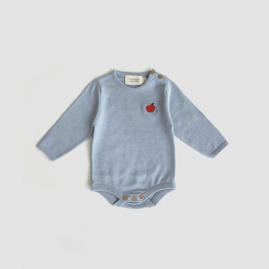 Knit Bodysuit - Sky Blue w Apple
