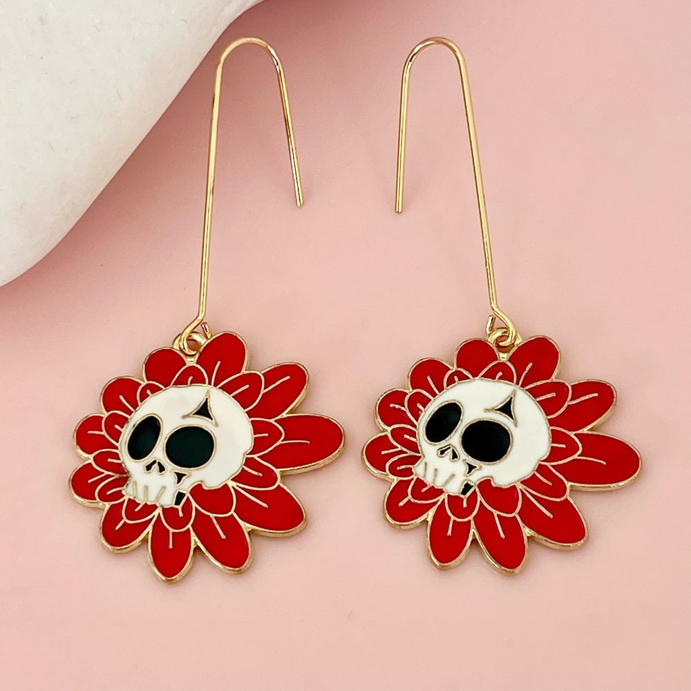 Big Red Sunflower Skull Drop Earrings