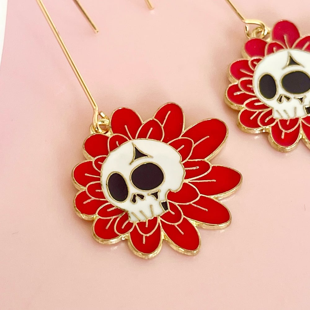 Big Red Sunflower Skull Drop Earrings