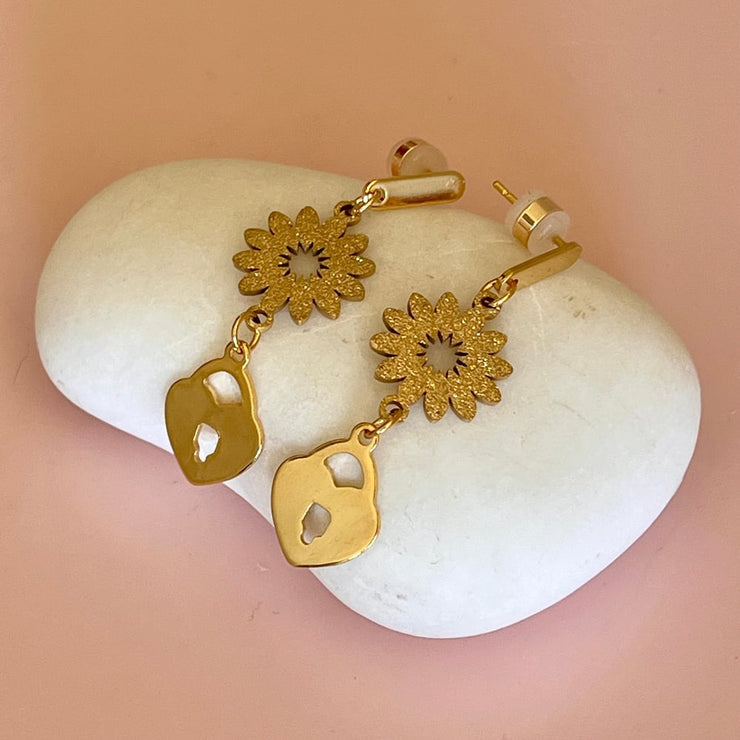 Flower Heart & Lock Drops - Gold