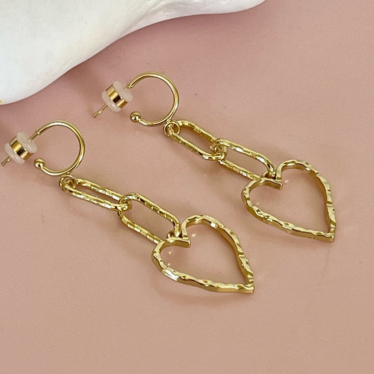 Gold Heart & Textured Chain Earrings