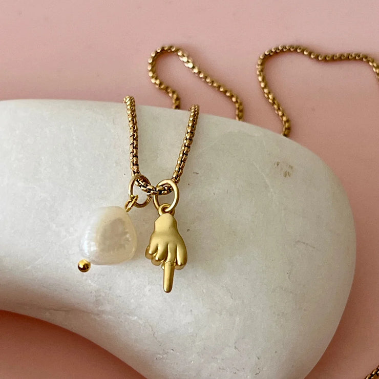 Middle Finger & Pearl Gold Necklace