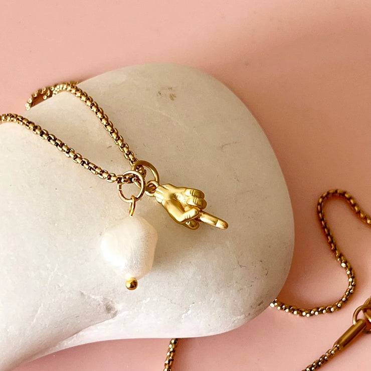 Middle Finger & Pearl Gold Necklace