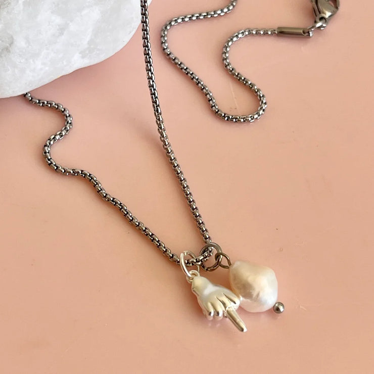 Middle Finger & Pearl Silver Necklace