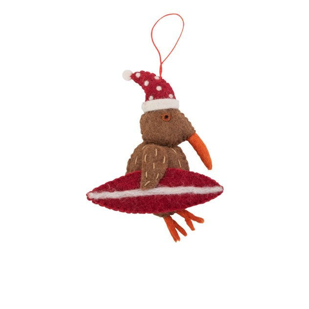 Hanging Christmas Decorations: Kiwi Bird w Red Surfboard