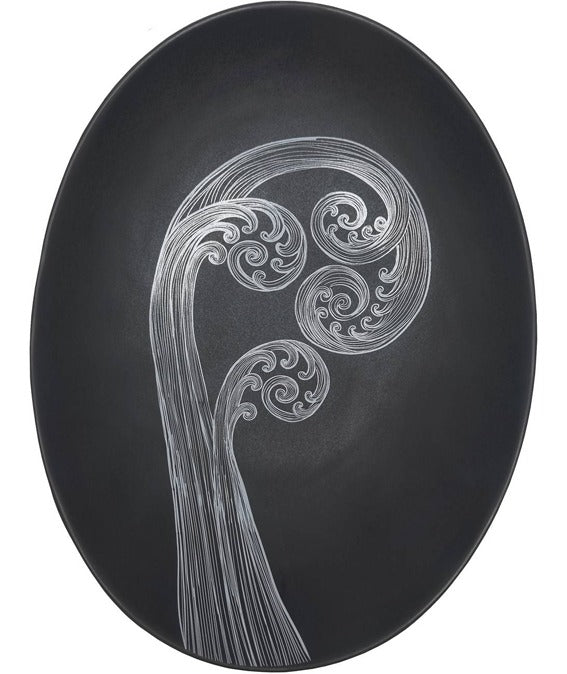 Ponga Frond White on Black Bowl - 24cm