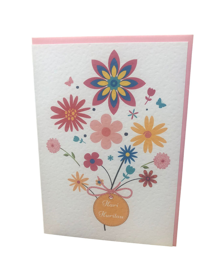 Hari Huritau Greeting Card - Pink Retro Flowers